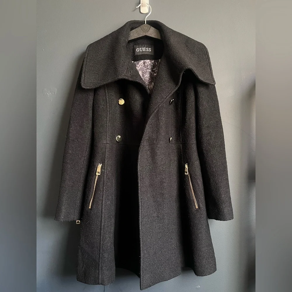 Guess Women’s Black Trench Coat with Gold Zippers
